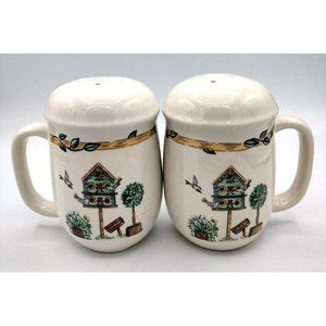 Birdhouse Pattern Salt and Pepper Shakers 4 Inch Vintage Porcelain Birds Shrubs
